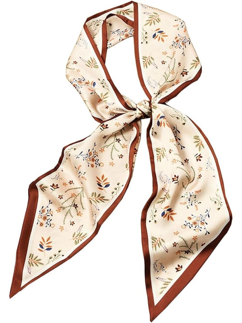 Women's Brown Edged Flower Head Scarves Long Skinny Silky Hair Bags Scarf